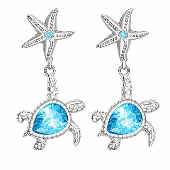 Silver Starfish and Blue Turtle Earrings NEW NWT - Picture 1 of 3